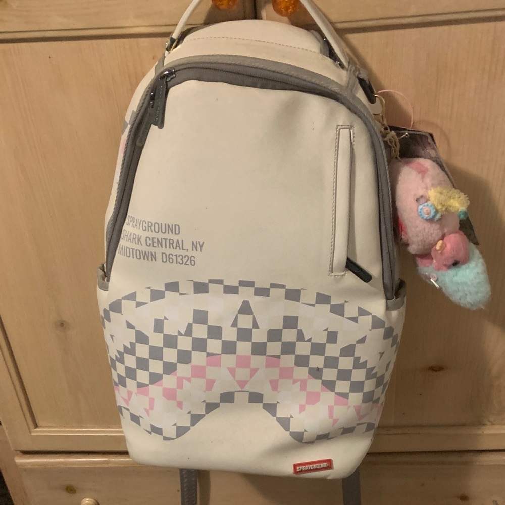 Sprayground Cream and Gray Backpack with Pink Accents